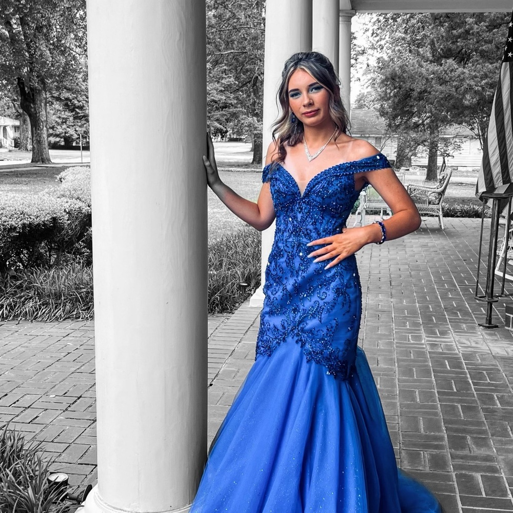 Mori Lee Blue Sequin Embellished Prom Gown